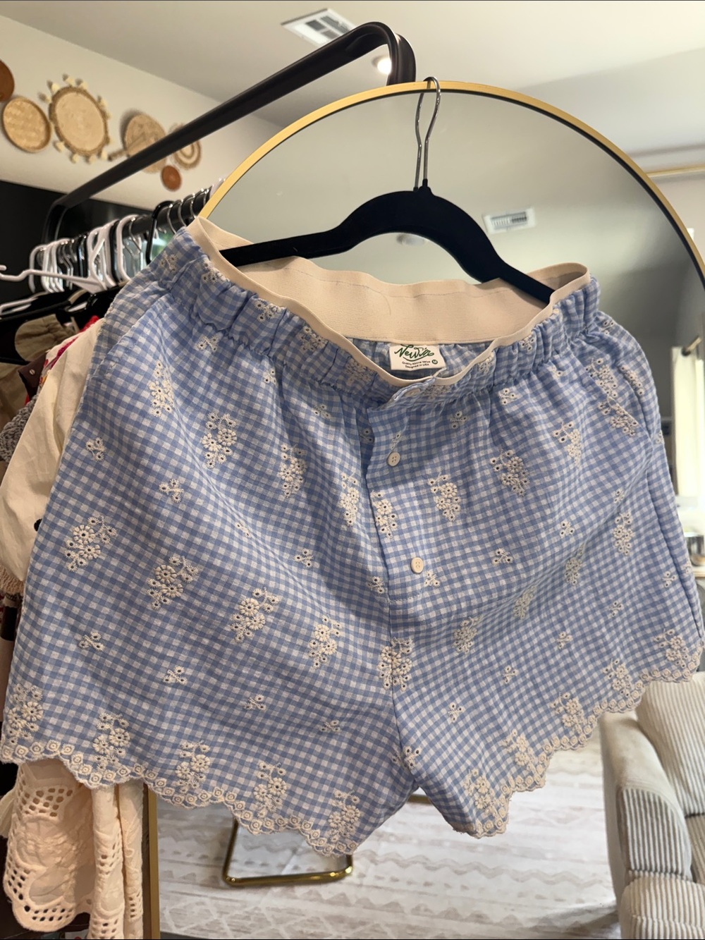 Light Blue Gingham Embroidered High-Waist Women’s Shorts